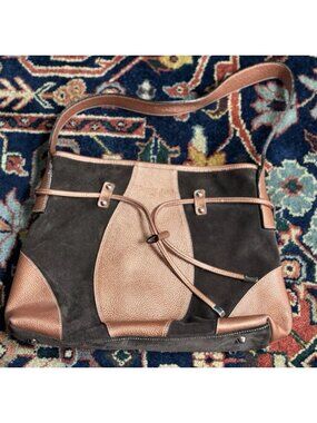 Rare Tiffany and Fred Brown Suede Purse, Bronze Copper Leather Accents Shoulder